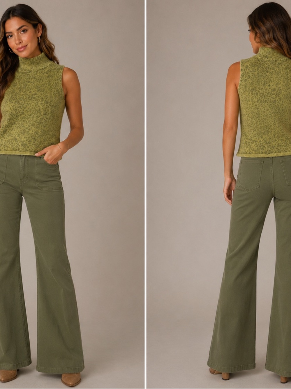 Dana Buchman Olive Green Ribbed Mock Neck Knit Top